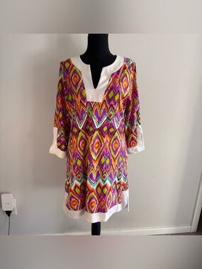 Jude Connally Megan Ikat Tunic Dress Size Large 3/4 Sleeve White Trim Made USA